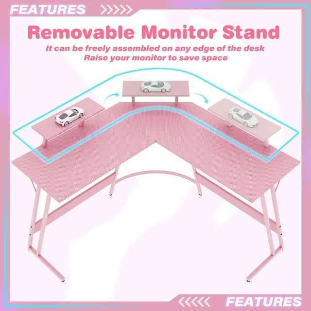Pink L-Shaped Gaming Desk with Monitor Stand, 47 Inch Corner Computer Table I764