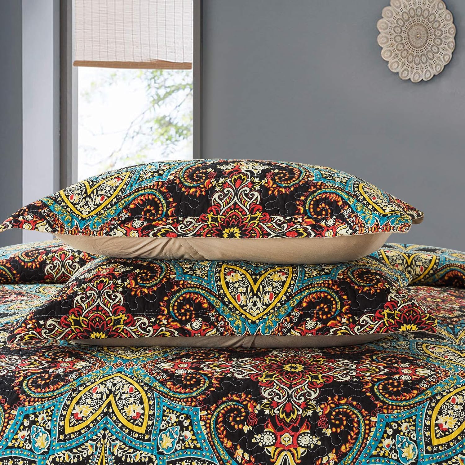Cotton Bedspread Quilt Set, Reversible Patchwork Coverlet, Floral Pattern D3006