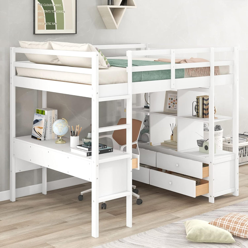 Full Loft Bed with Built-in Desk and Storage Shelves Y752452