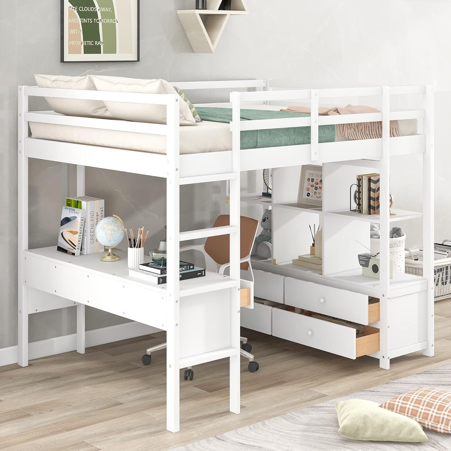 Full Loft Bed with Built-in Desk and Storage Shelves Y752452
