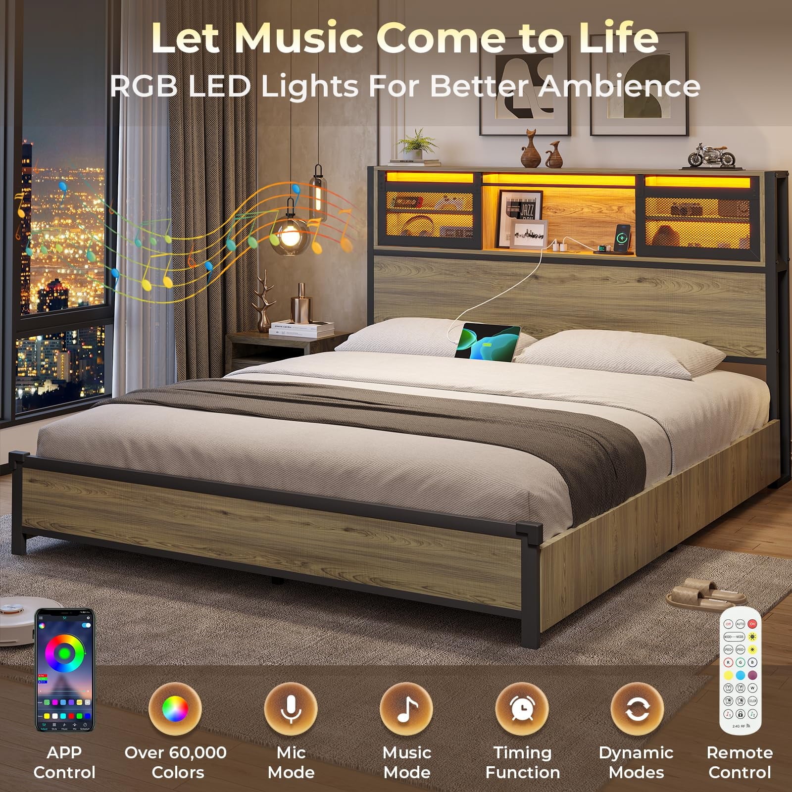 Metal Platform Bed Frame with 4 Storage Drawers and Charging Station, Oak Grey M9441