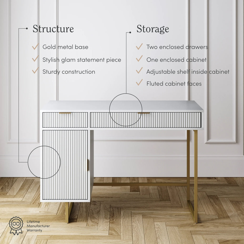 Modern White Computer Desk with Drawers and Cabinet Storage U195269