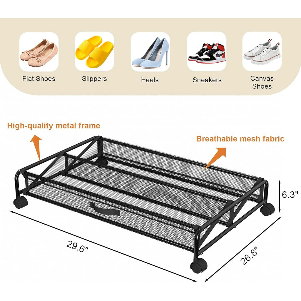 Under Bed Shoes Storage Containers with Wheels, Breathable Mesh K6508