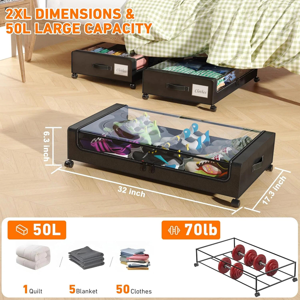 Under Bed Storage with Wheels, 2-Pack Clear Lid Containers, Rolling Metal Drawer V114902