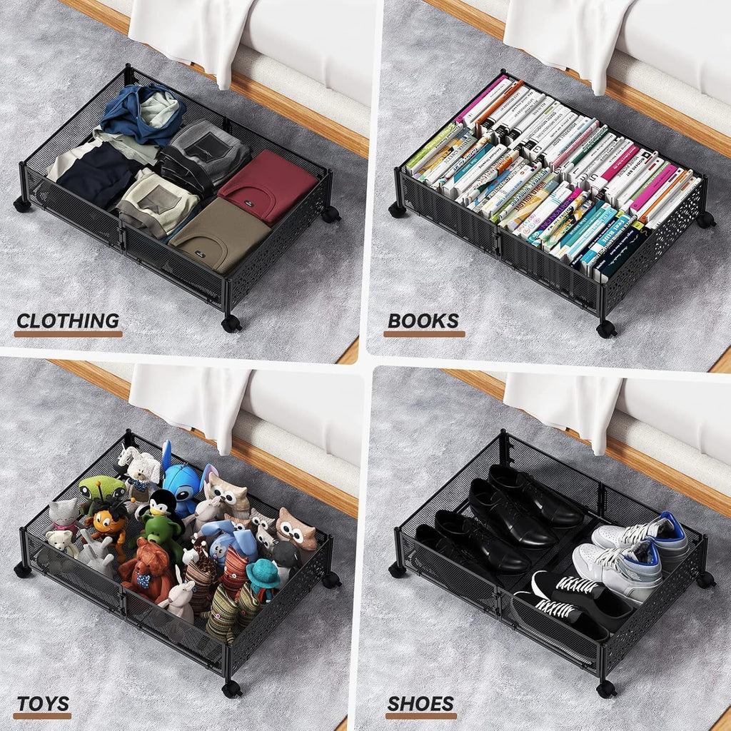 Under Bed Storage Containers with Wheels, Shoe Organizer Drawer, Metal Storage for Clothes Shoes Blankets N2817