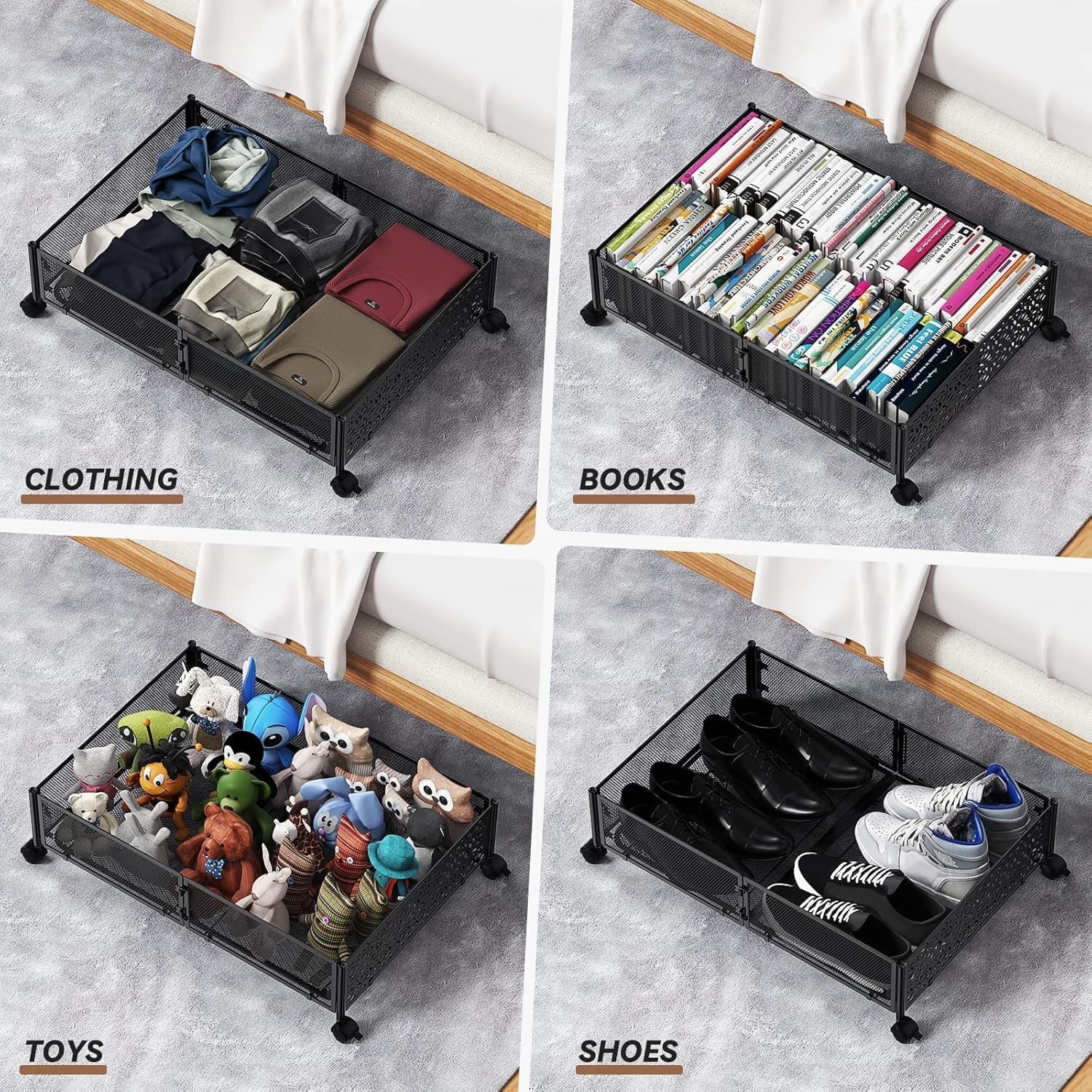 Under Bed Storage Containers with Wheels, Shoe Organizer Drawer, Metal Storage for Clothes Shoes Blankets N2817