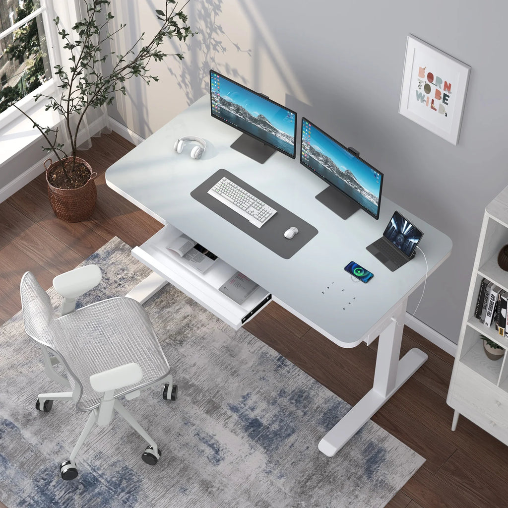 Electric Glass Standing Desk with Drawers, Dual Motor Height Adjustable, White S497991