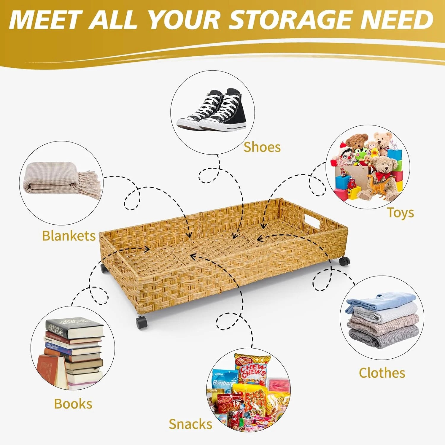 Under Bed Storage Containers with Wheels, 2 Pack, Rattan Organizer Drawer B13974