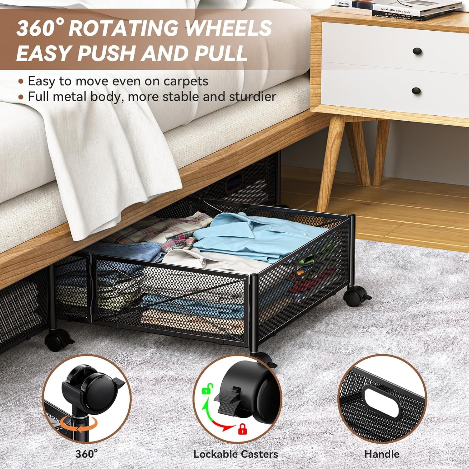 Under Bed Storage Containers with Wheels, Shoe Organizer Drawer, Metal Storage for Clothes Shoes Blankets N2817