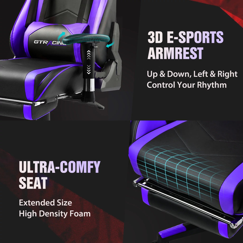 Gaming Chair with Footrest, PU Leather, Adjustable Headrest, Purple U7287