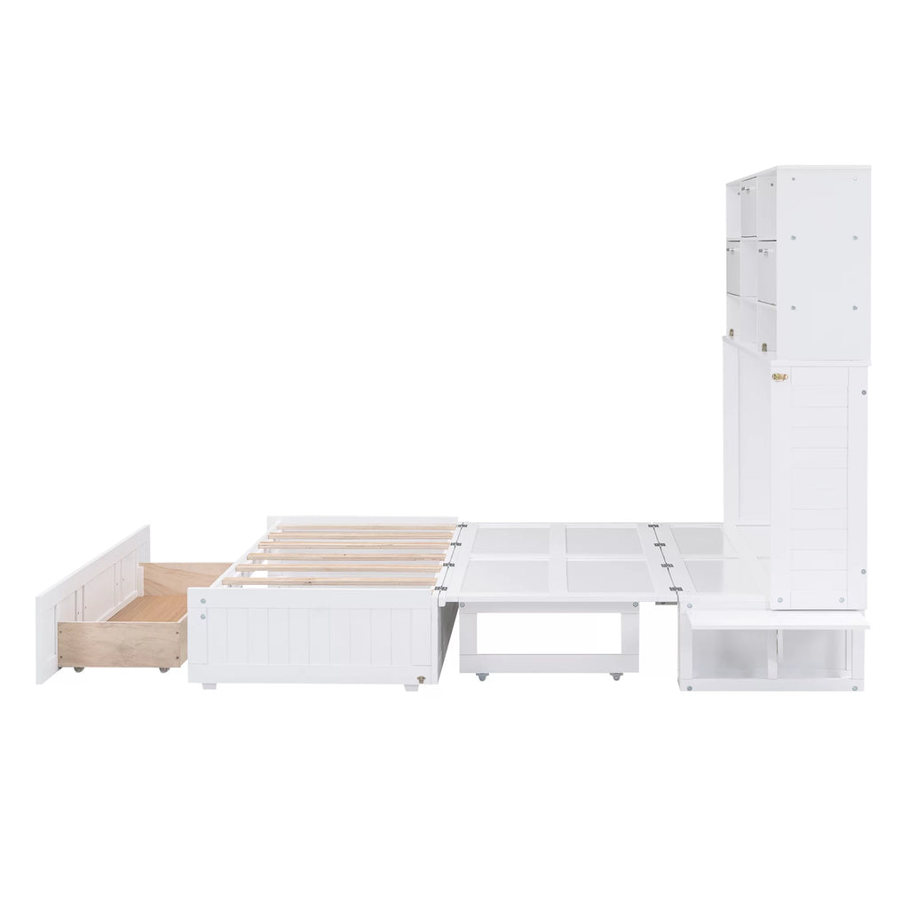 Queen Size Murphy Bed with Bookcase and Drawer, White F2789