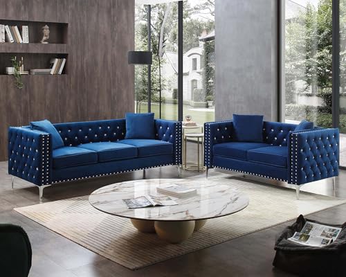 Velvet Loveseat Sofa for Living Room, 59 Inch Modern Upholstered with Pillows, Black A995