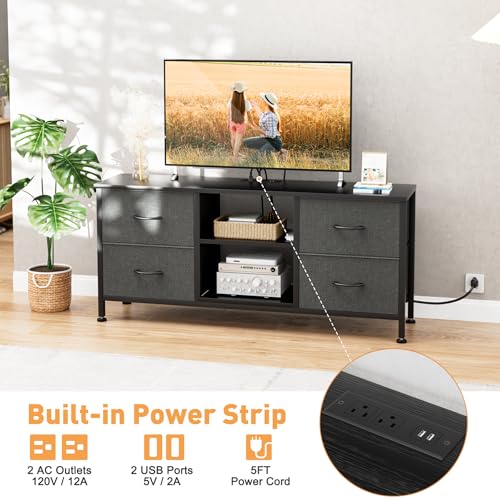 TV Stand with 4 Fabric Drawers and Open Shelves for 50" TV, Black Wood Veins F648