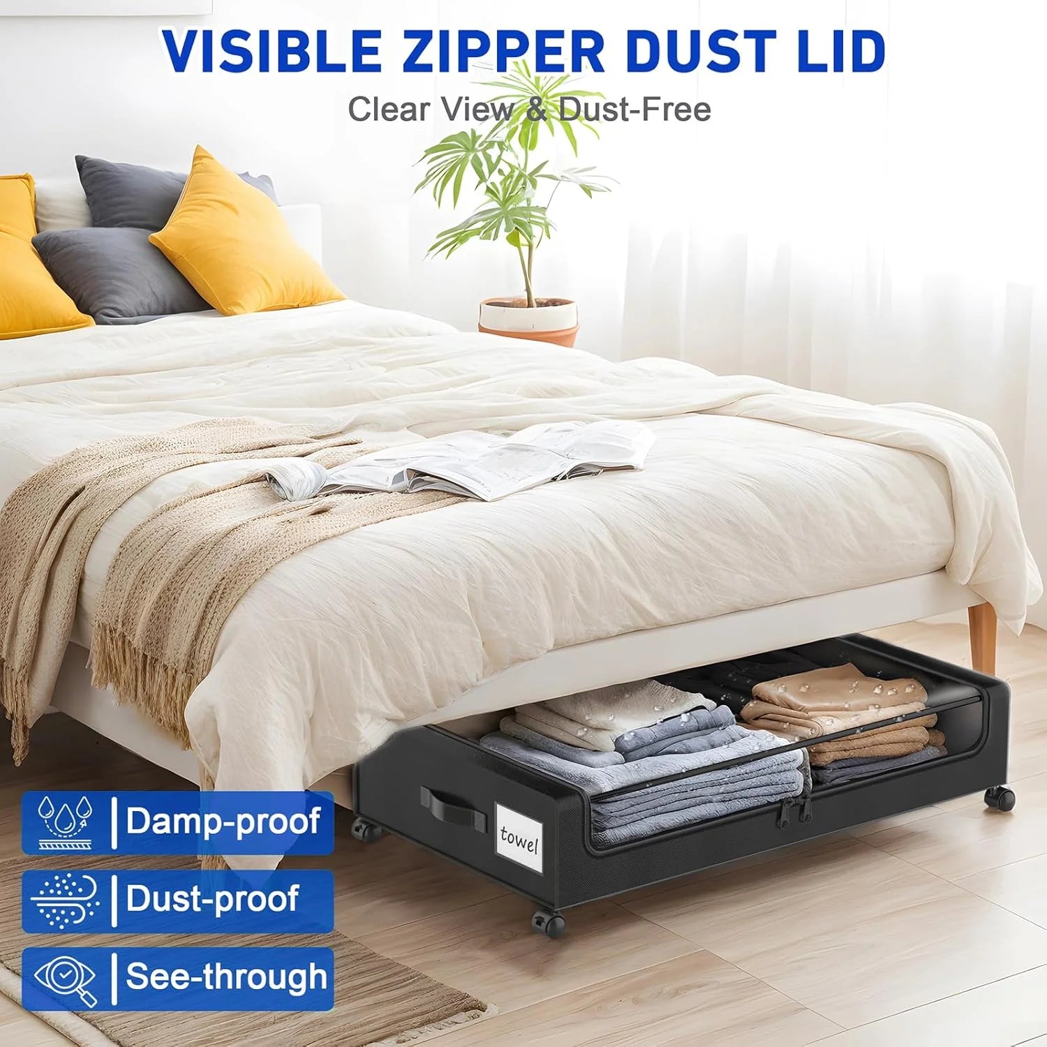 Under Bed Storage Containers with Wheels and Clear Lids, 60L, Black F9468