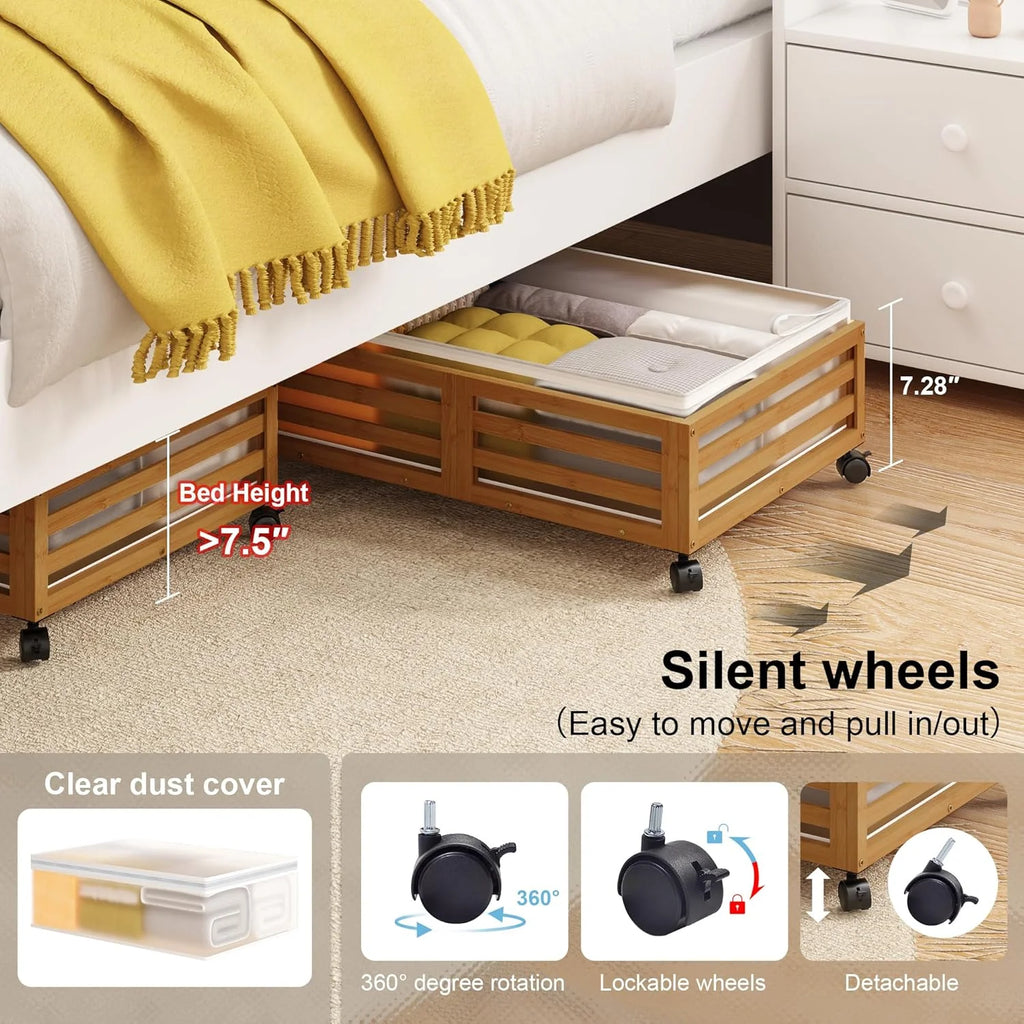 Under Bed Storage Containers with Wheels, Bamboo Wood, 2 Pack A2655