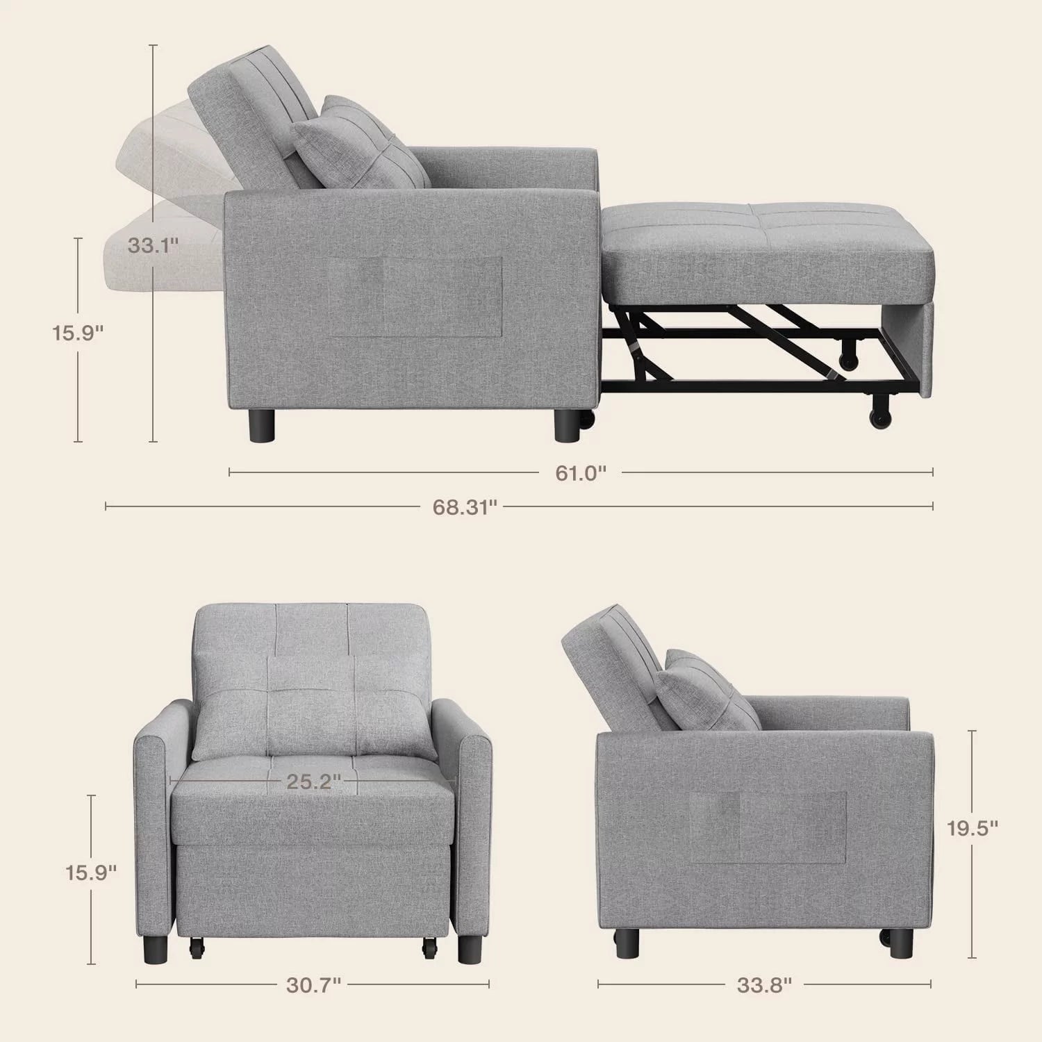 Convertible Chair Single Bed, Grey R92719