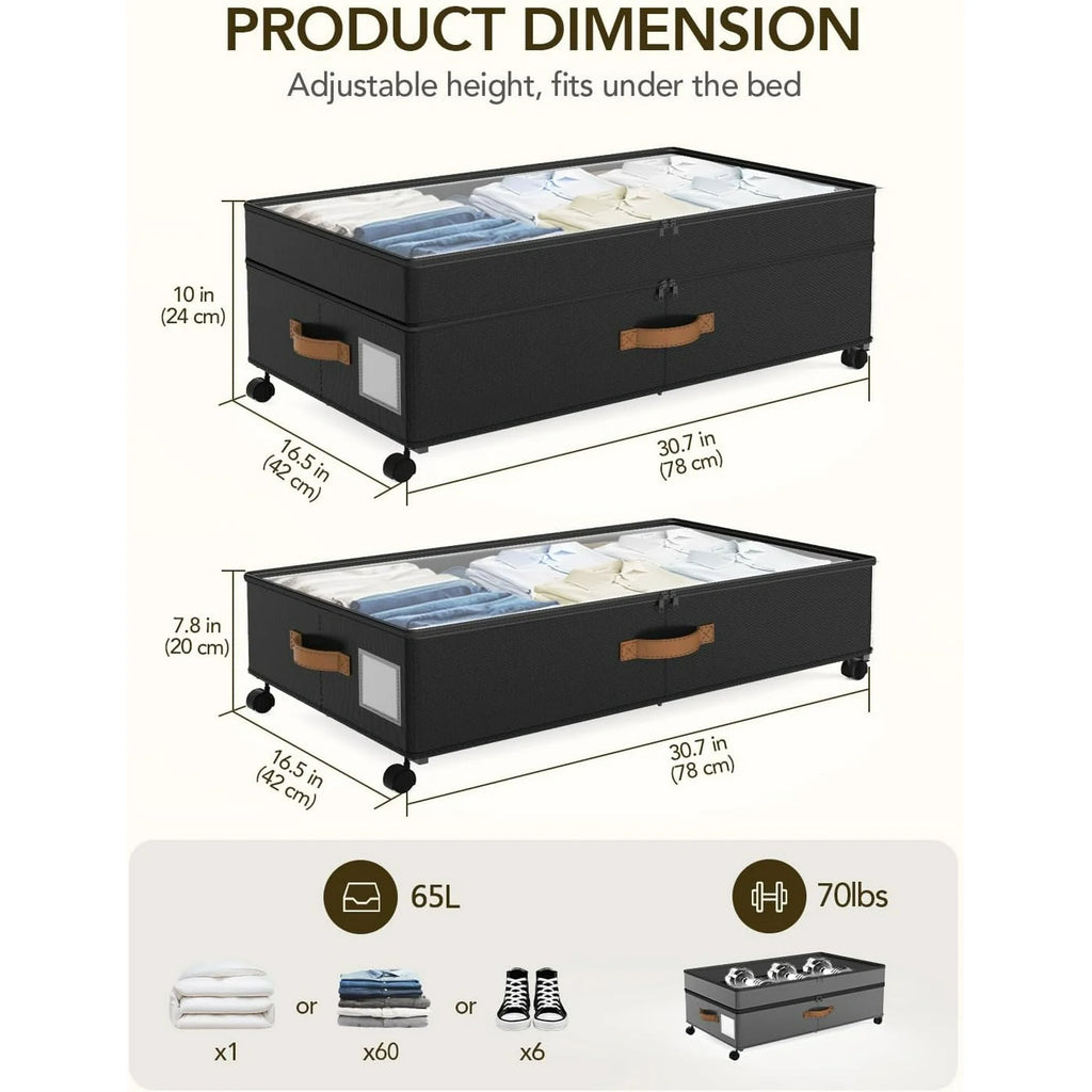 Under Bed Storage with Wheels, Adjustable Height, 10 Inches, Black A260