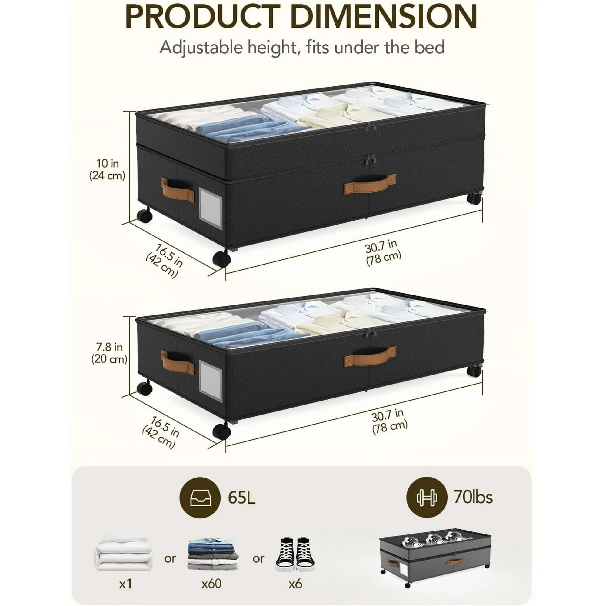 Under Bed Storage with Wheels, Adjustable Height, 10 Inches, Black A260
