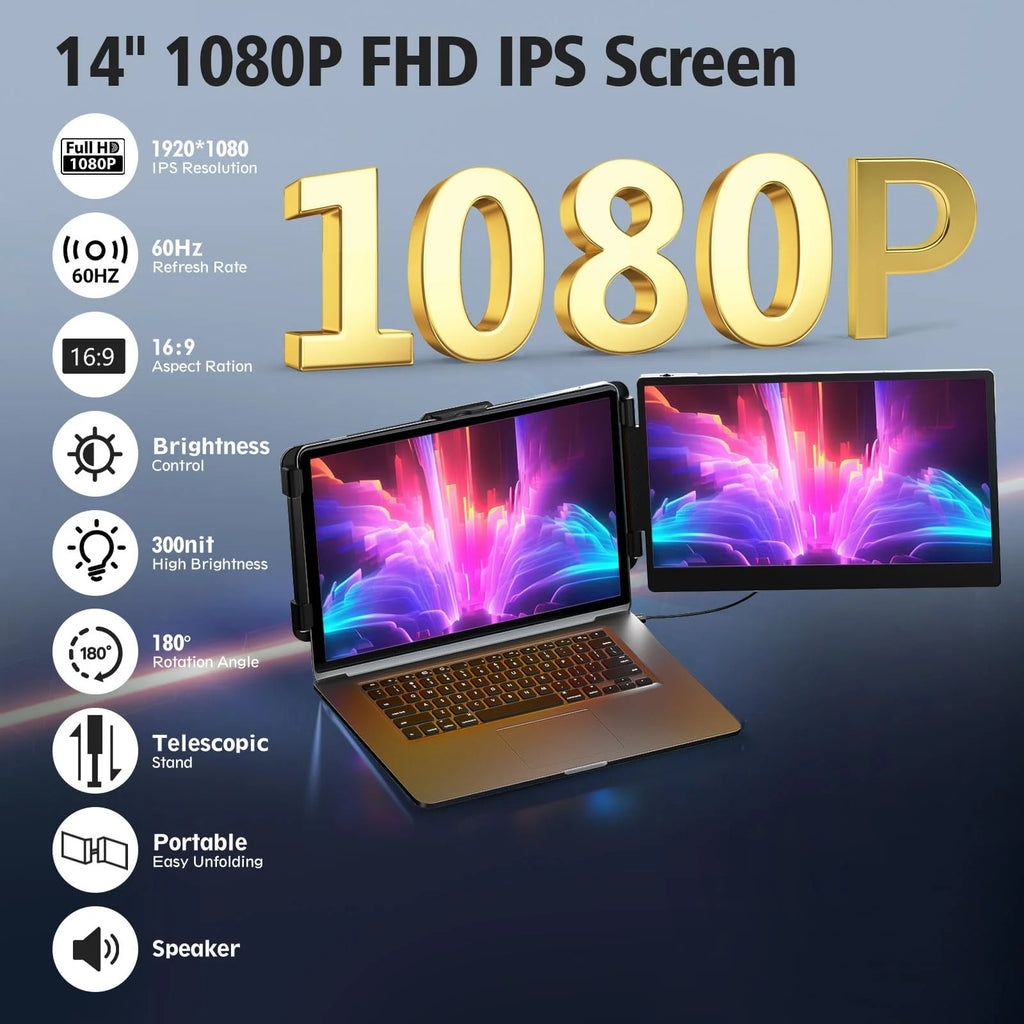 Portable 14 Inch Laptop Screen Extender Monitor FHD 1080P HDMI USB-C C487238