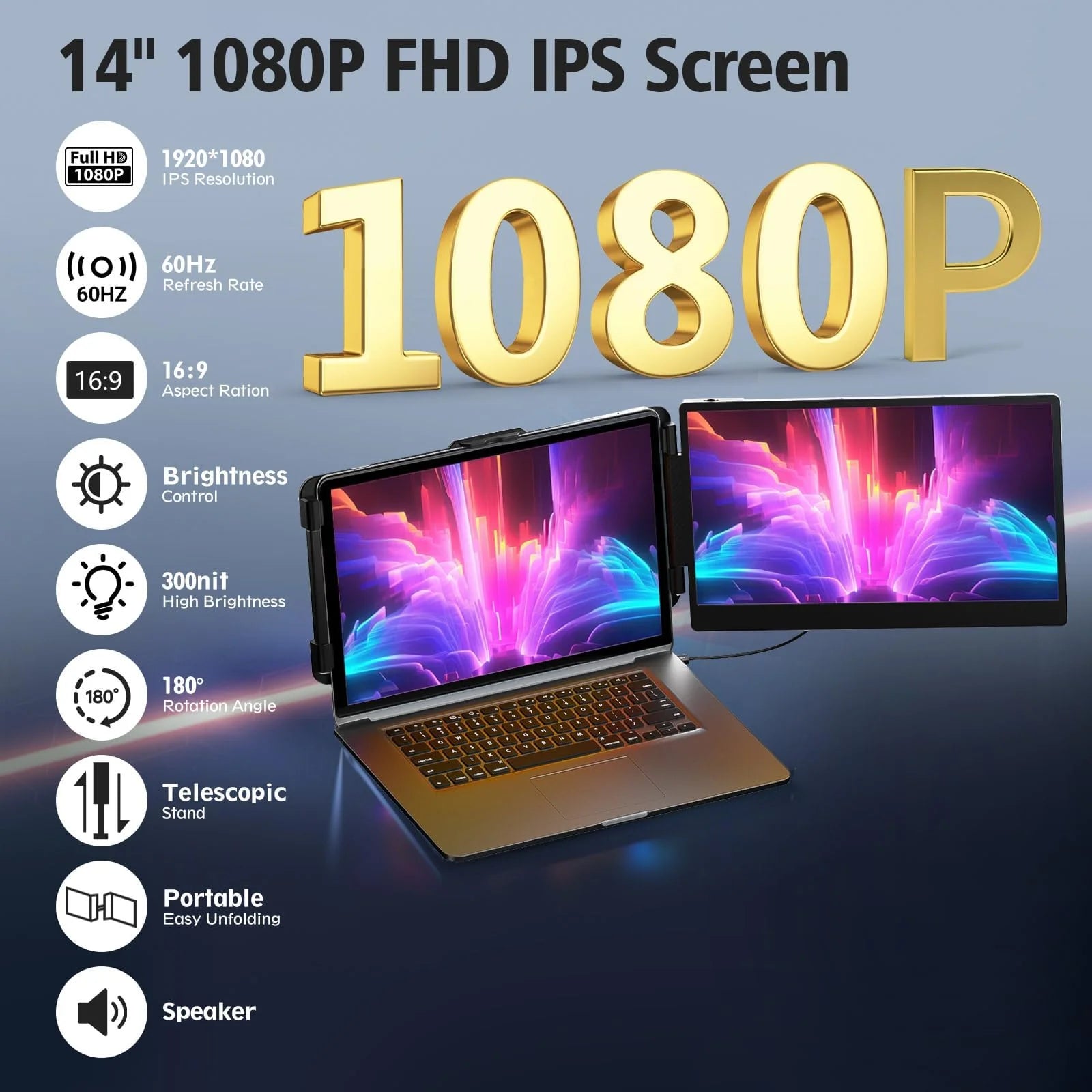Portable 14 Inch Laptop Screen Extender Monitor FHD 1080P HDMI USB-C C487238