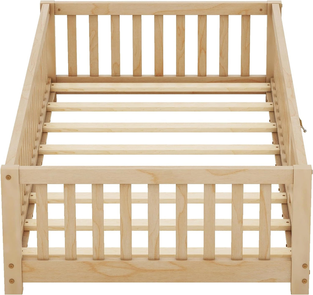 Twin Size Montessori Floor Bed with Door and Fence for Kids, Easy Assembly, Natural S369