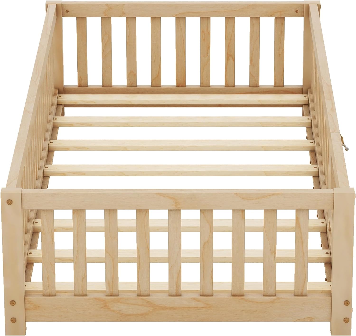 Twin Size Montessori Floor Bed with Door and Fence for Kids, Easy Assembly, Natural S369