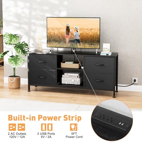 TV Stand with 4 Fabric Drawers and Open Shelves for 50" TV, Black Wood Veins F648