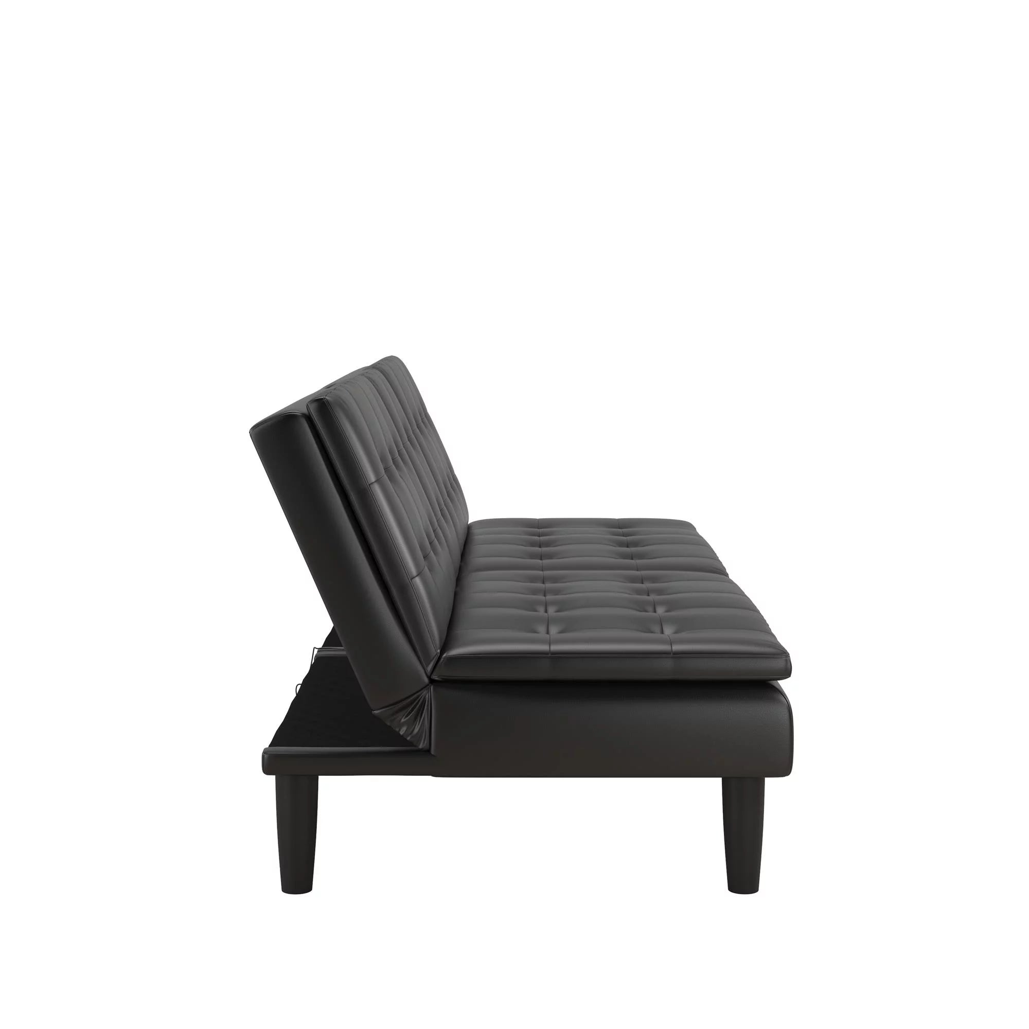 Memory Foam Futon with Cupholder and USB, Black Faux Leather P11538