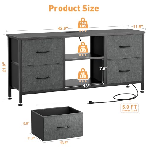 TV Stand with 4 Fabric Drawers and Open Shelves for 50" TV, Black Wood Veins F648