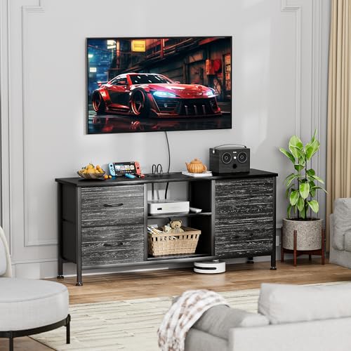 TV Stand with 4 Fabric Drawers and Open Shelves for 50" TV, Black Wood Veins F648