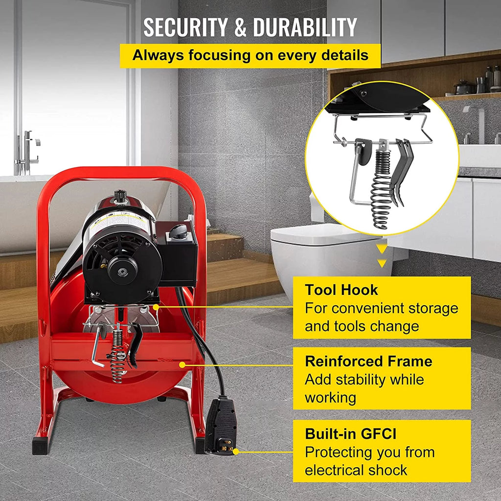 Drain Cleaner Machine 75ft, 370W for 1" to 4" Pipes Y815661