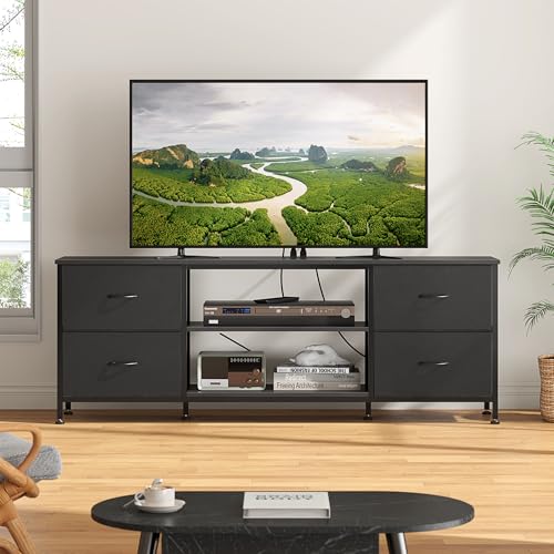 TV Stand with 4 Fabric Drawers and Open Shelves for 50" TV, Black Wood Veins F648
