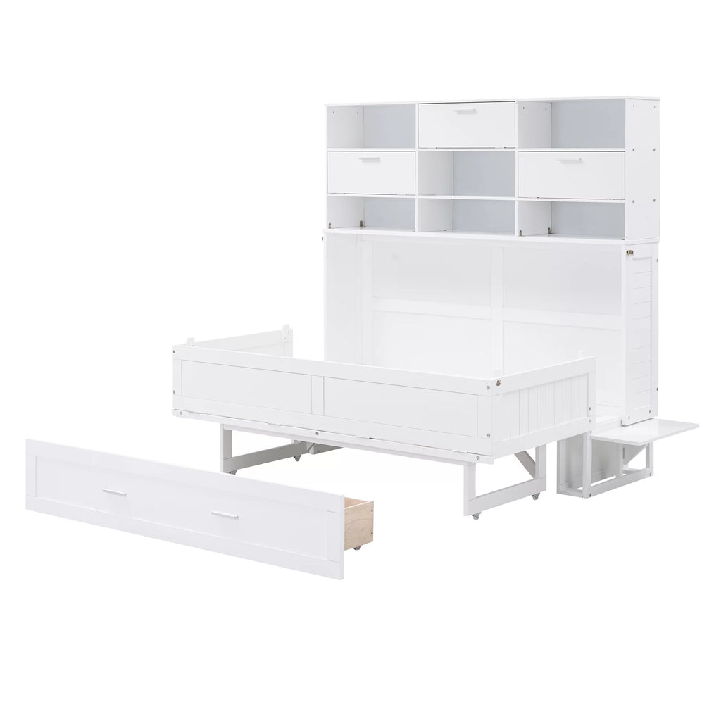 Queen Size Murphy Bed with Bookcase and Drawer, White F2789