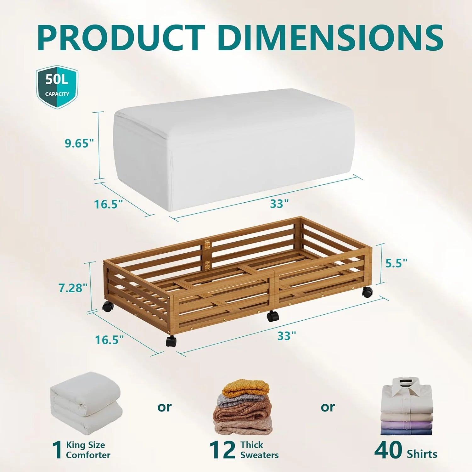 Bamboo Under Bed Storage Containers with Wheels and Dust Bag B86438