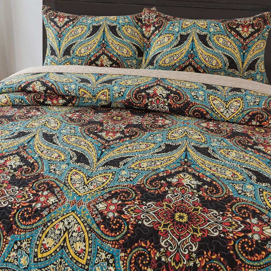 Cotton Bedspread Quilt Set, Reversible Patchwork Coverlet, Floral Pattern D3006
