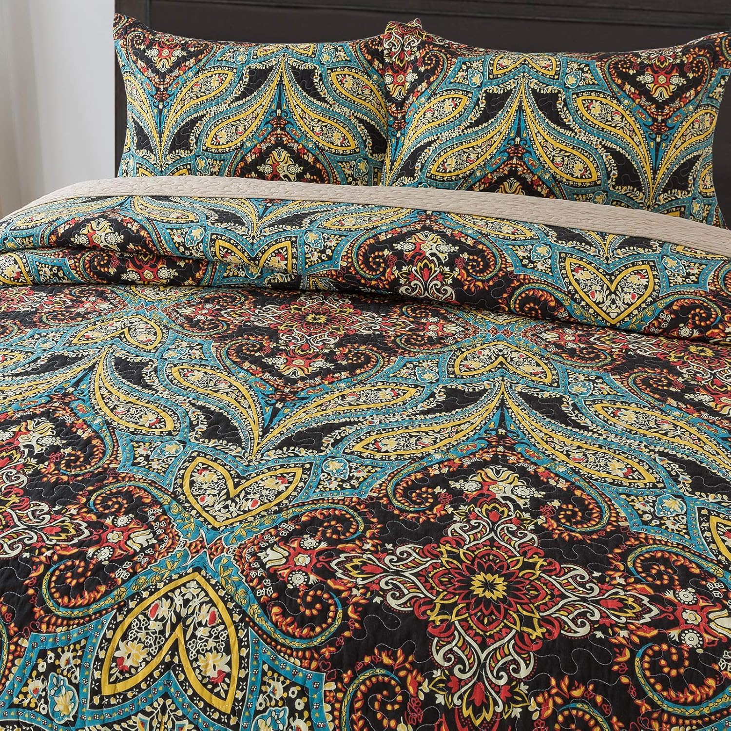 Cotton Bedspread Quilt Set, Reversible Patchwork Coverlet, Floral Pattern D3006