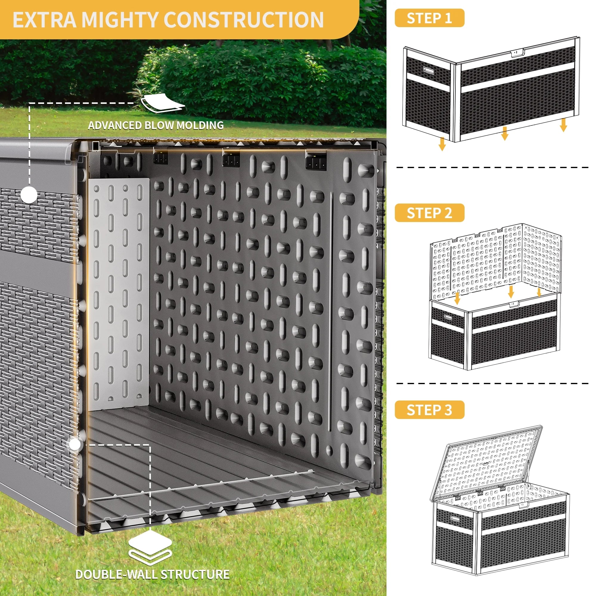 230 Gallon Resin Deck Box, Double-Wall Rattan Outdoor Storage for Patio Furniture, Waterproof and Lockable, Grey N62115