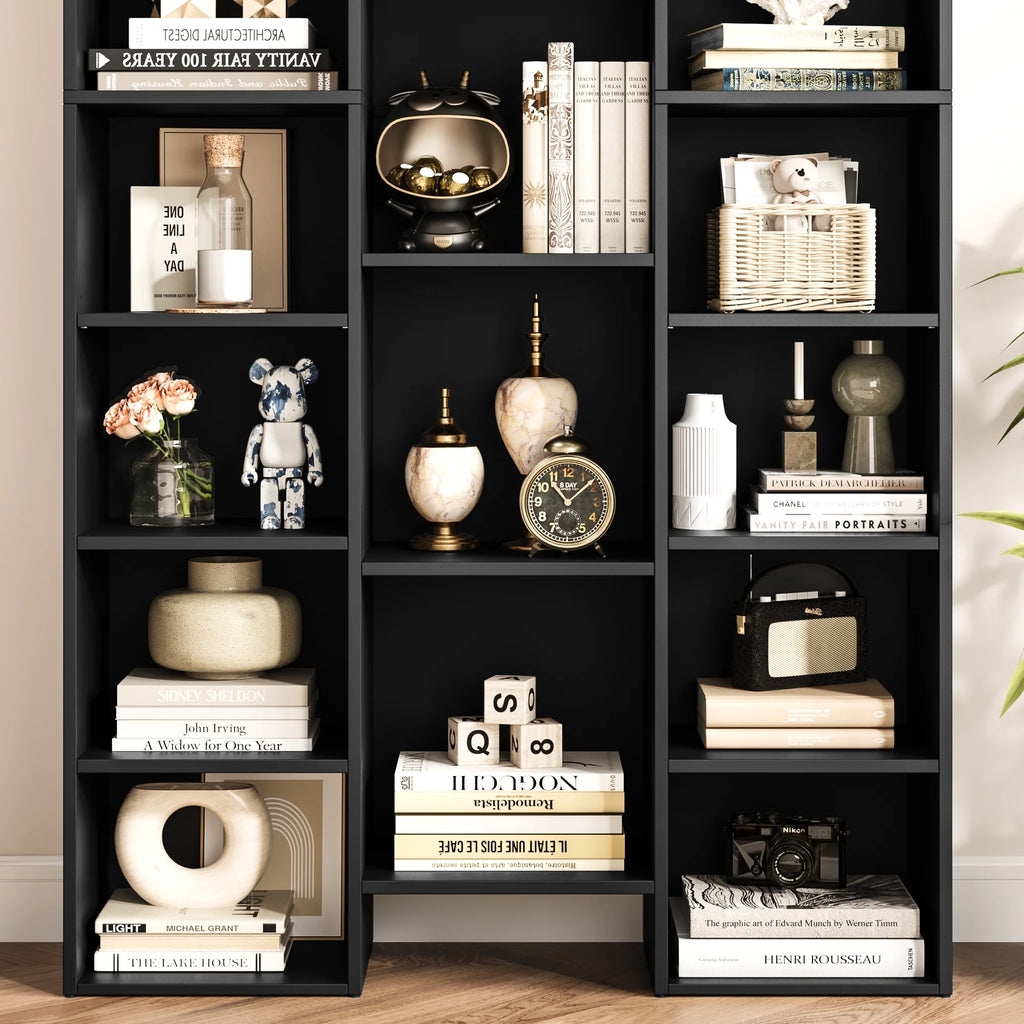 21-Cube Bookcase with Adjustable Shelves, Triple Width Storage Rack, Black I4384