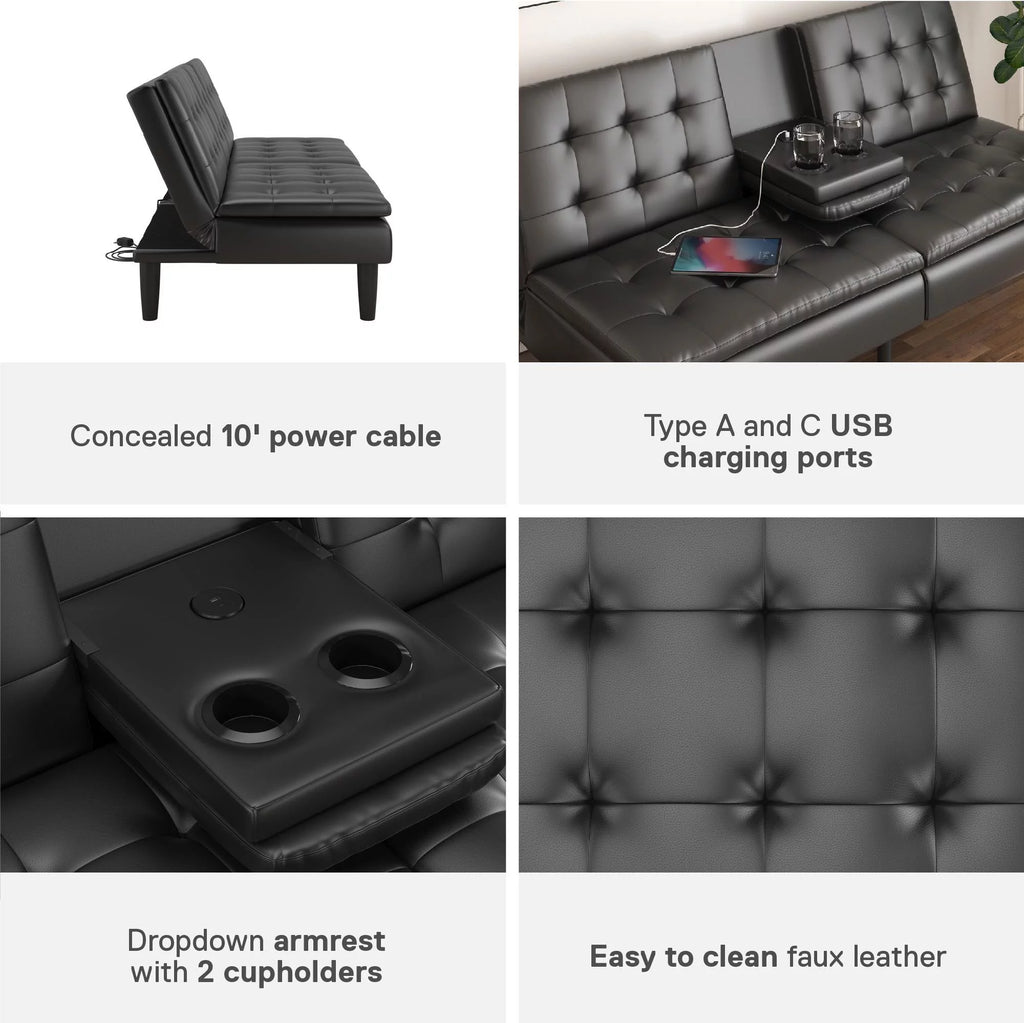 Memory Foam Futon with Cupholder and USB, Black Faux Leather P11538