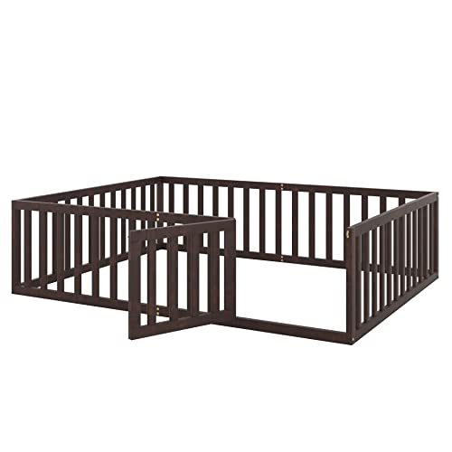 Twin Floor Bed Frame with Safety Fence, Solid Wood U412