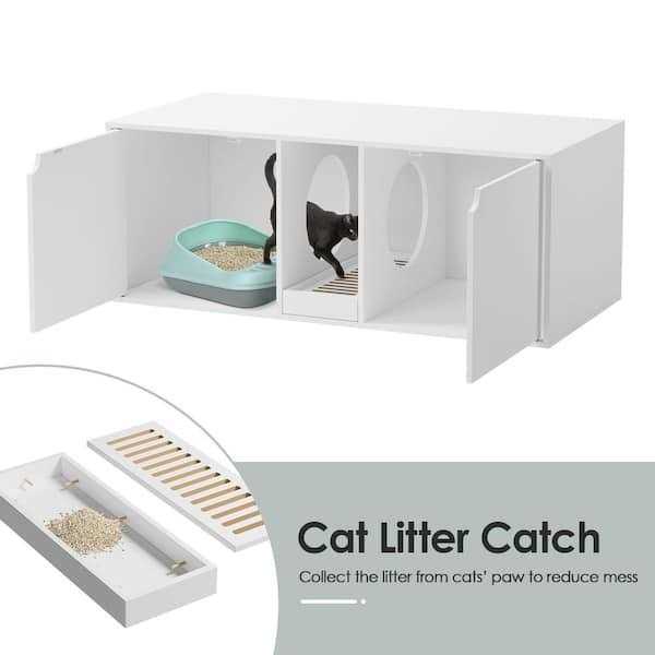 White Wood Side End Table Cat Litter Box with Double Room E185103