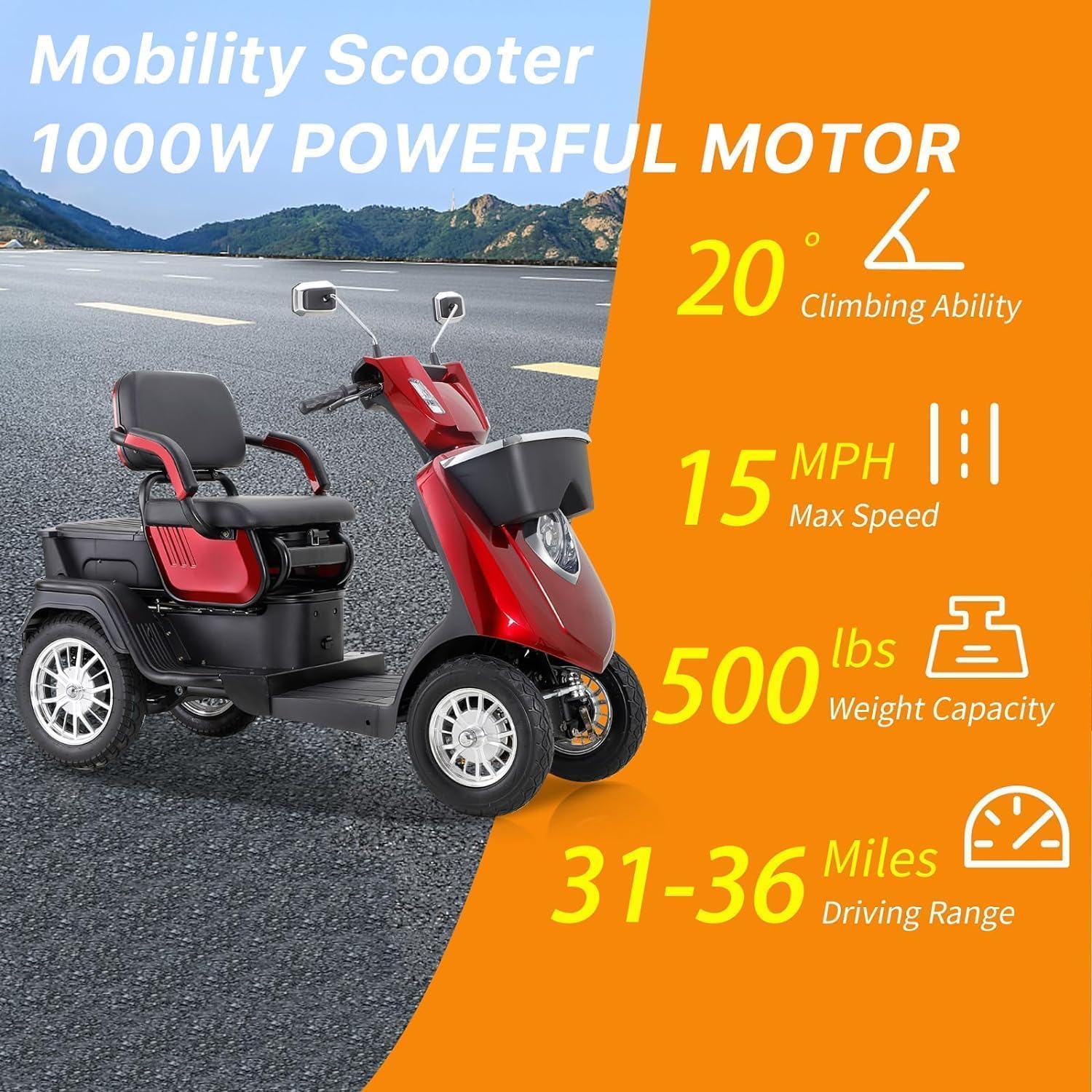4 Wheel Mobility Scooter for Seniors, 500lbs Capacity, 36-Mile Range K276476