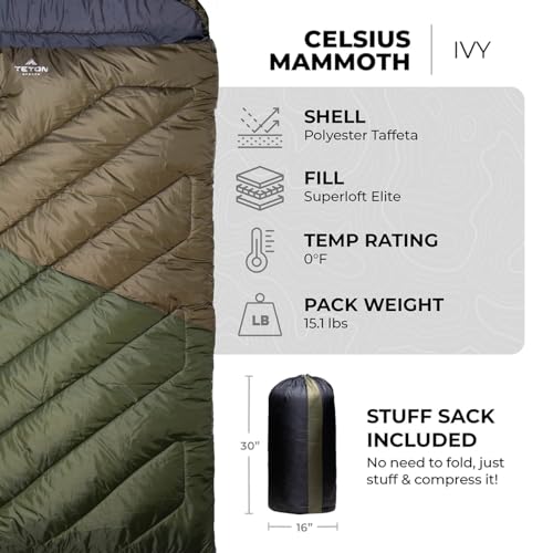 Double Sleeping Bag for Camping, Hunting and Base Camp, 20 and 0 Degree, Compression Sack Included S5374