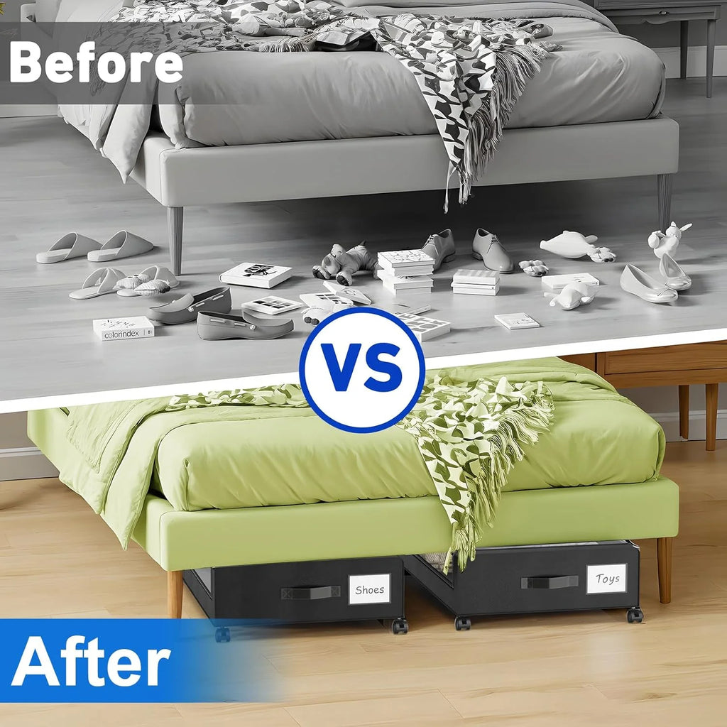 Under Bed Storage Containers with Wheels and Clear Lids, 60L, Black F9468