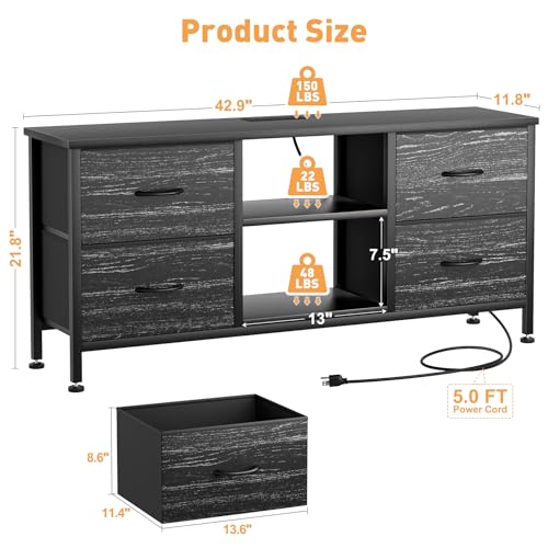TV Stand with 4 Fabric Drawers and Open Shelves for 50" TV, Black Wood Veins F648