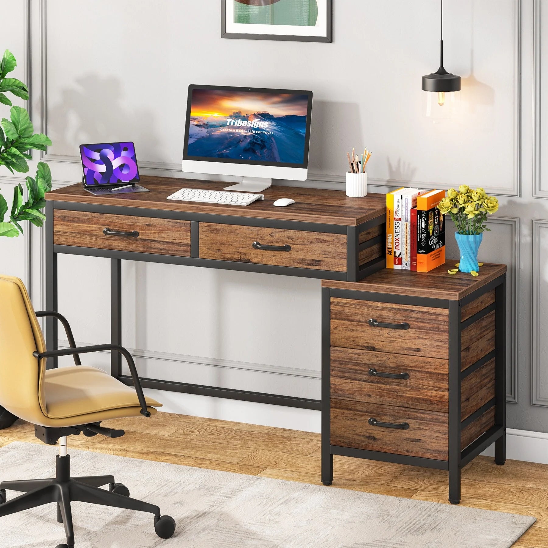 Reversible Computer Desk with 5 Drawers and File Cabinet T75542