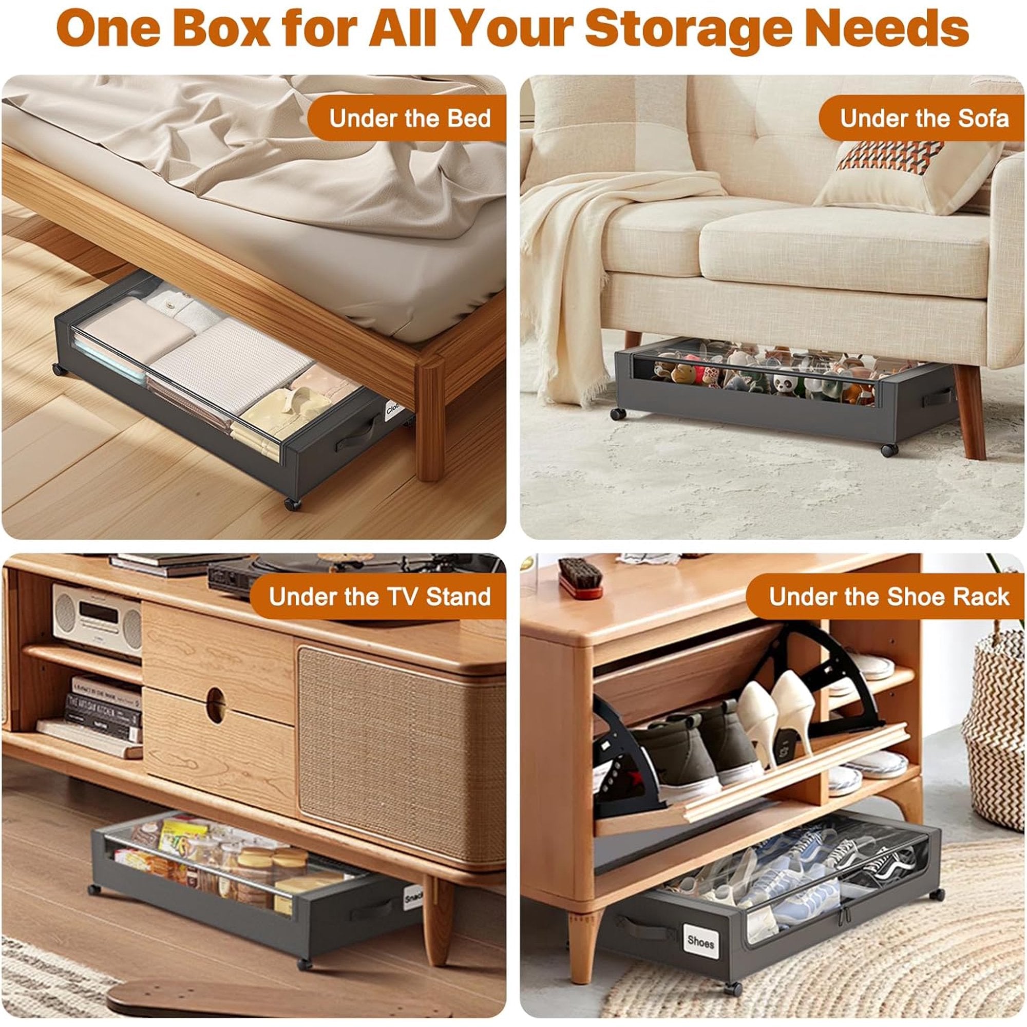Under Bed Storage Containers with Wheels, 4 Pack, XXL 60L, Clear Lids X97107