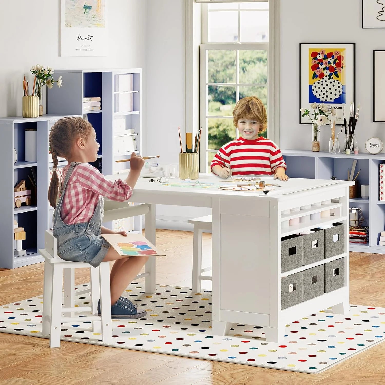 Kids Art Table and Chair Set with Storage Shelves and Paper Roll X80101