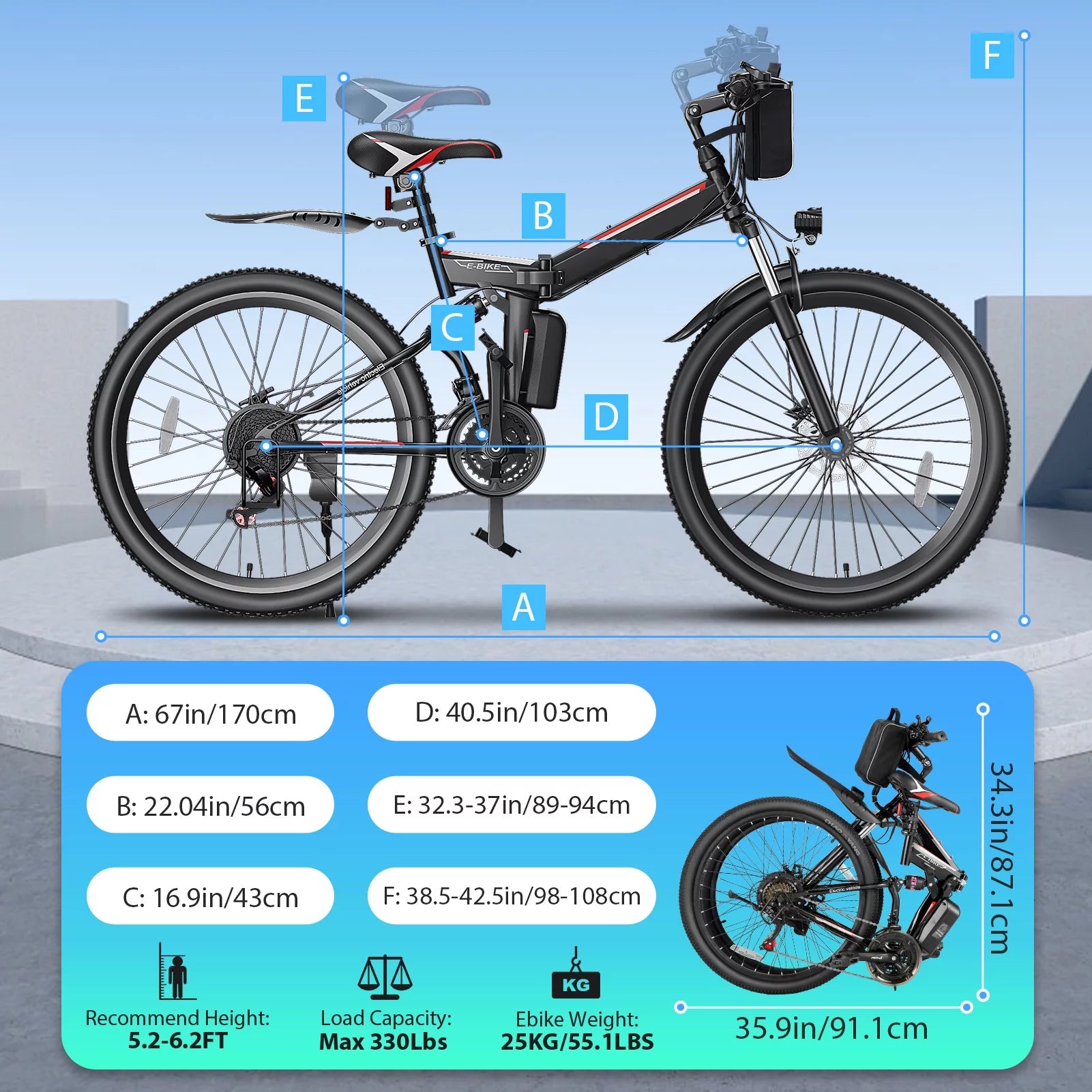 Folding Electric Mountain Bike for Adults, 48V 7.8Ah, 21 Speed Q480915