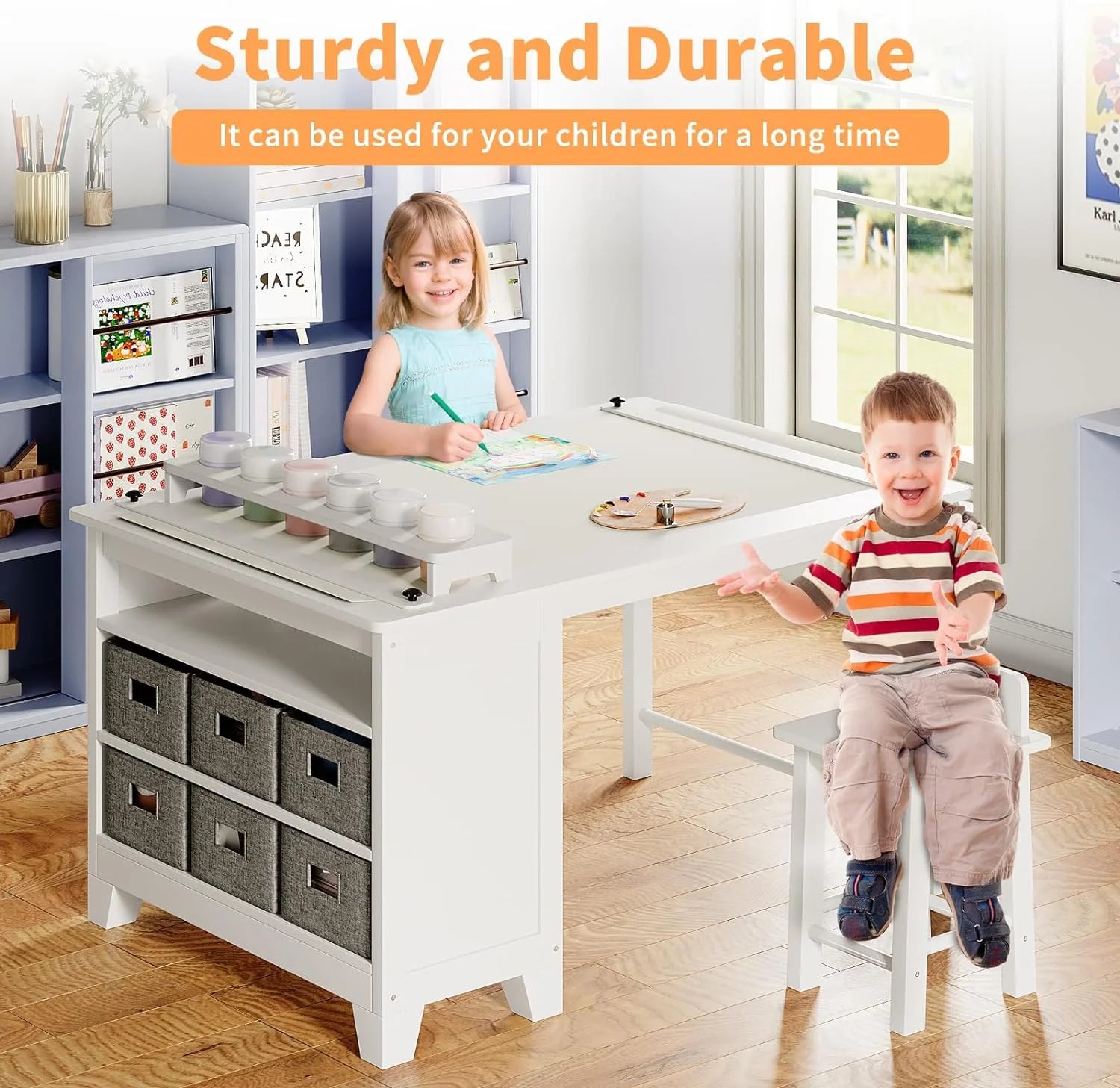 Kids Art Table and Chair Set with Storage Shelves and Paper Roll X80101